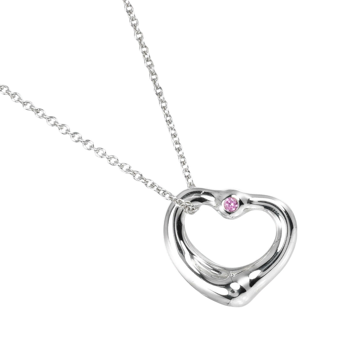 Tiffany & Co. Elsa Peretti Open Heart Pendant Necklace Sterling Silver with Pink Sapphire