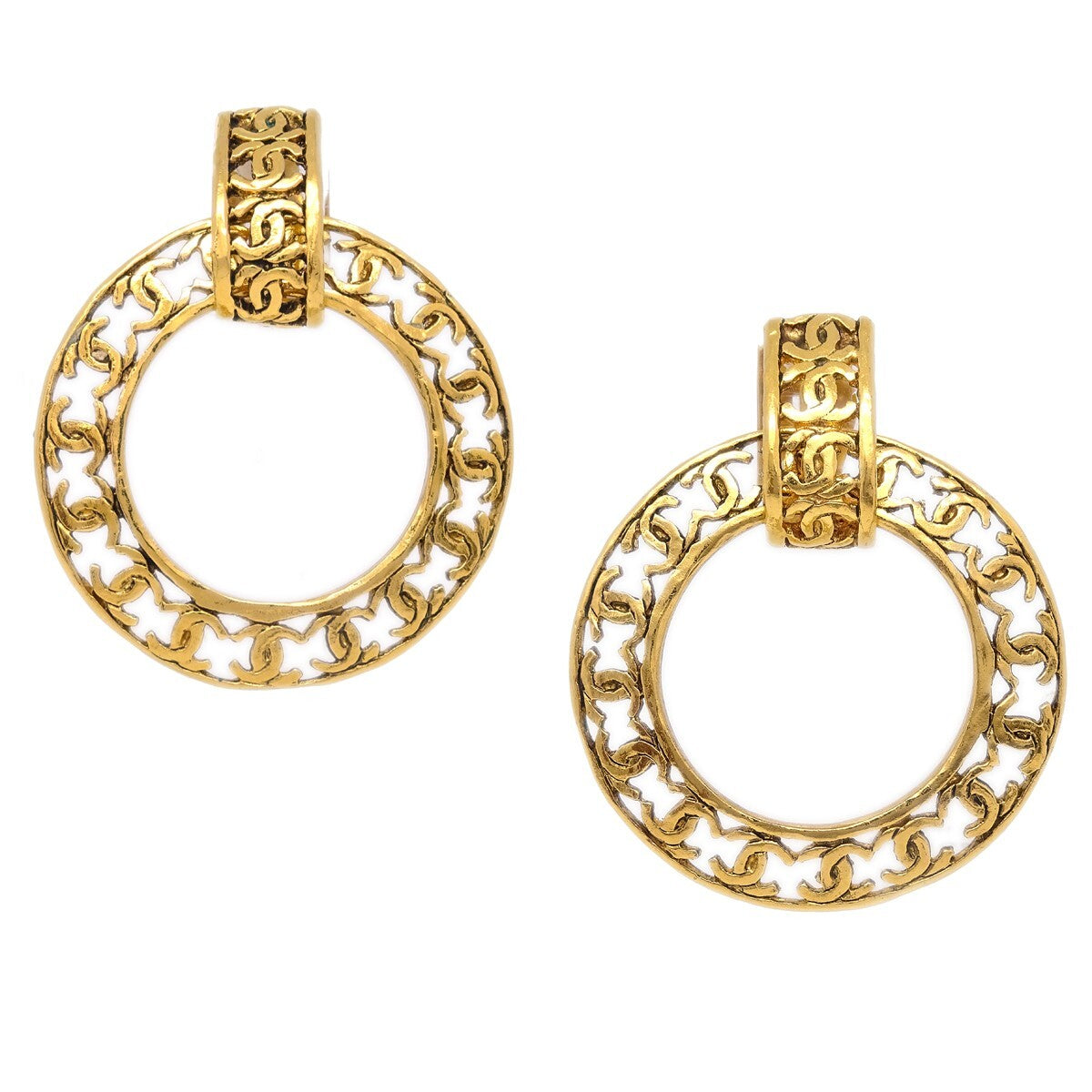 Chanel Cut-Out CC Hoop Drop Clip-On Earrings Metal