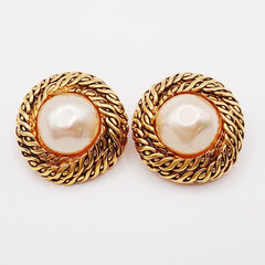 Chanel Vintage Round Chain Clip-On Earrings Metal with Faux Pearl