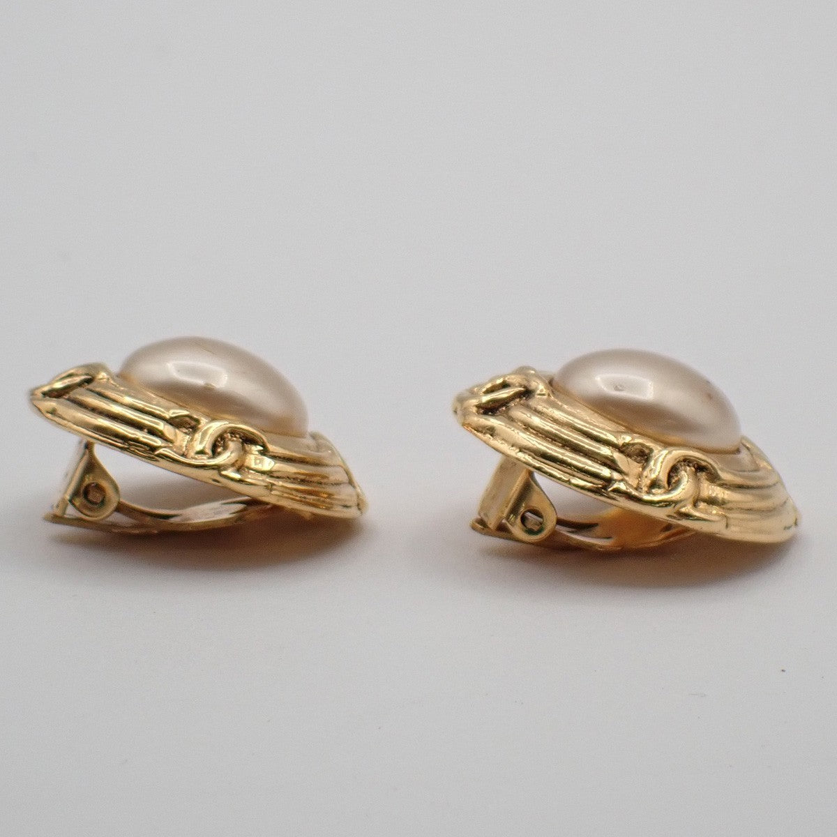 Chanel Vintage Round Clip-On Earrings Metal with Faux Pearl