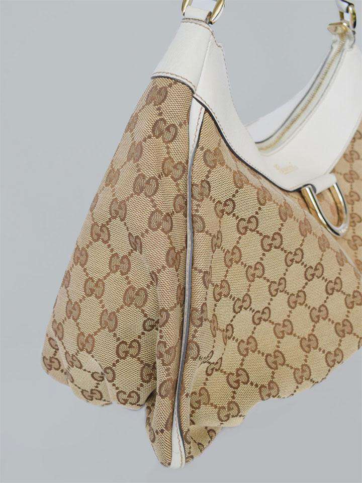 Gucci Gucci Beige GG Monogram Canvas x White leather Hobo Bag
