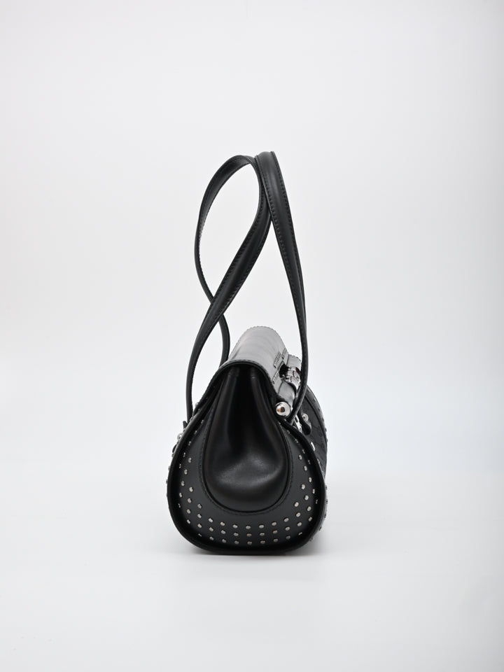 Gucci Bamboo Black Monogram Leather Bullet Shoulder Bag Purse