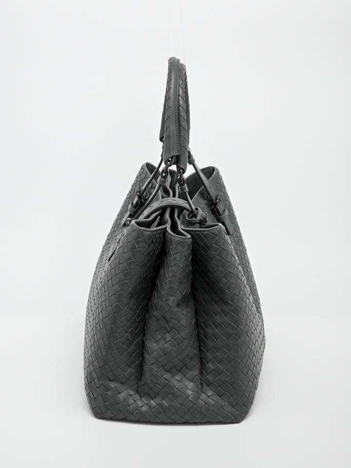 Bottega Veneta Gunmetal Intrecciato Leather Medium Roma Tote Bag